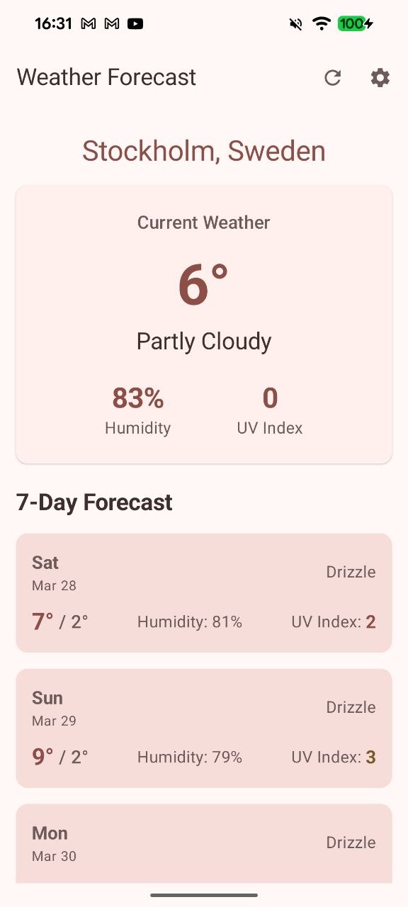 Weather forecast screen showing current conditions and a seven-day outlook